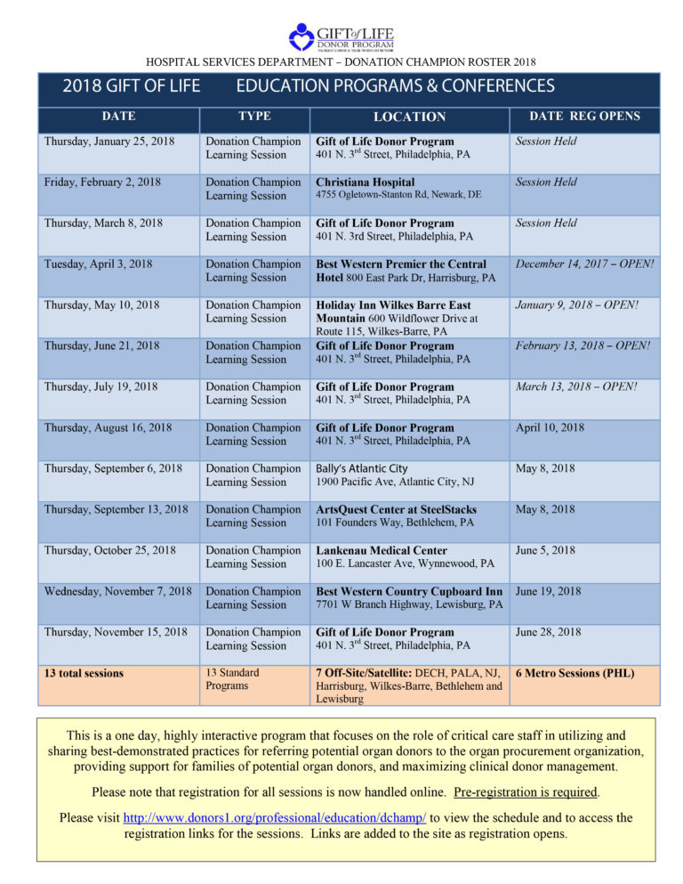 2018 DChamp Schedule Gift of Life Donor Program Saving Lives