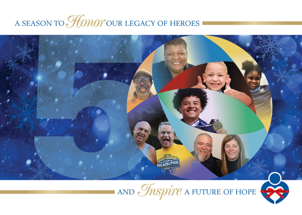 The front of the Gift of Life holiday card is shown with a collage of smiling faces. 