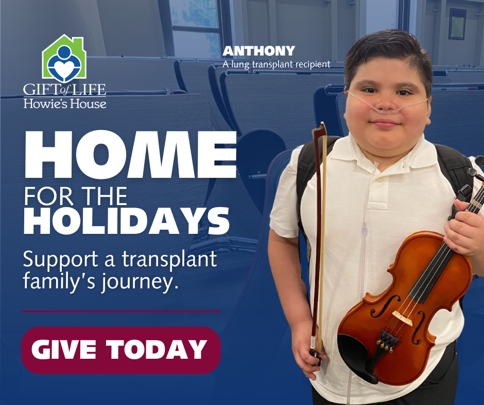 A young man holds his violin within a holiday graphic. 