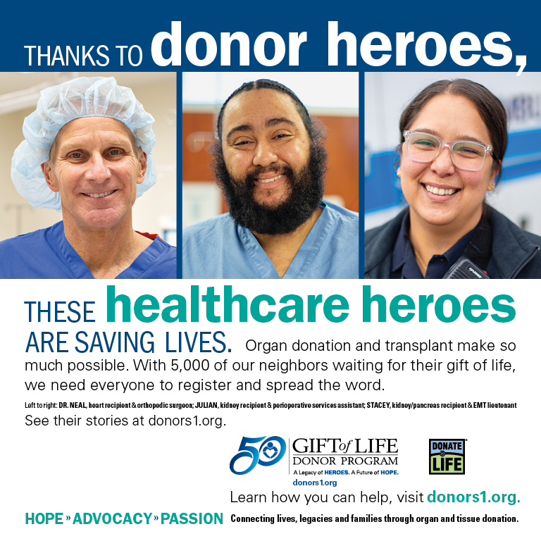 Three transplant recipients are shown on an ad thanking organ donors. 